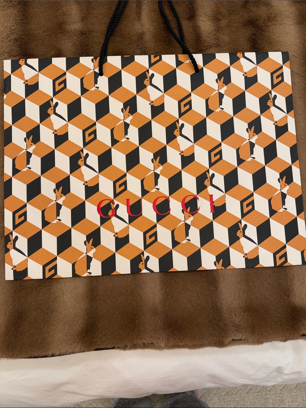 Gucci Gucci Orange, Black & White Geometric Rabbit Gift Bag
